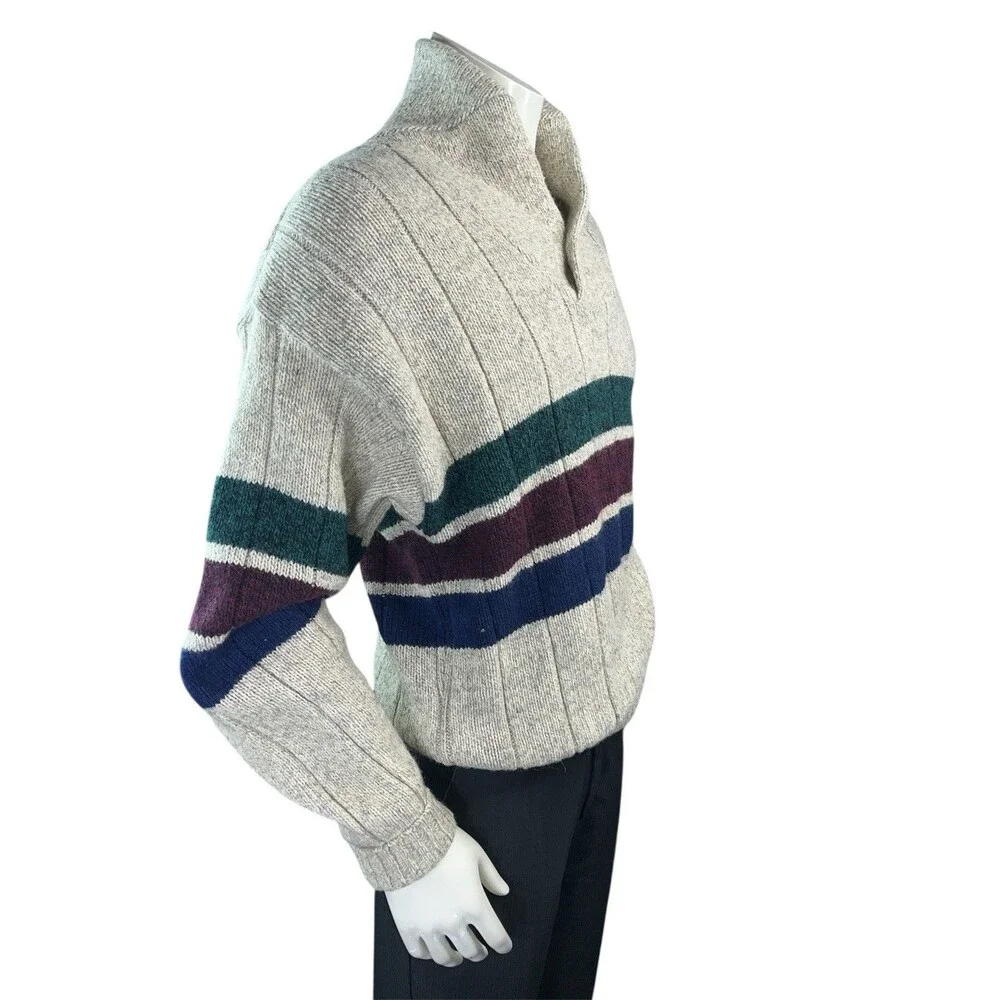 Vintage 1990s Eddie Bauer Mens Striped Wool Cowl Neck Chunky Sweater L